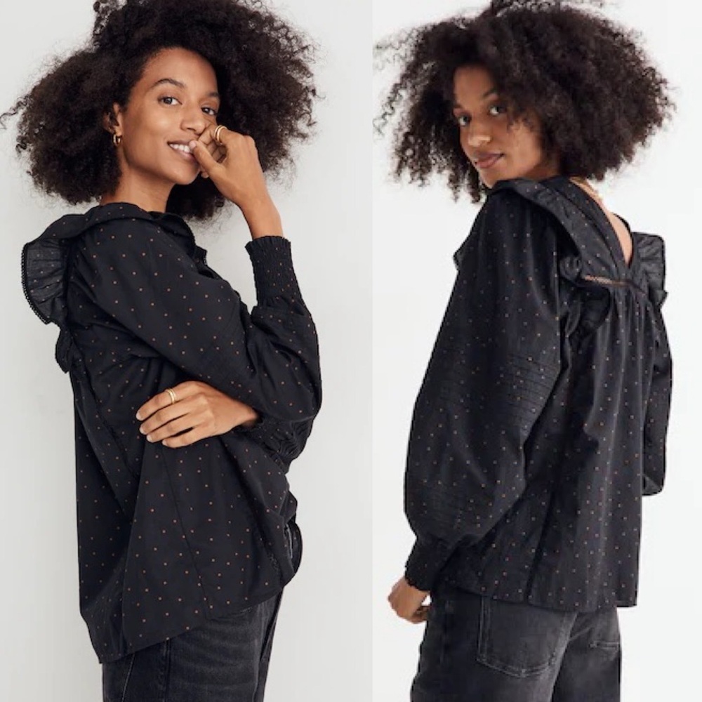 Madewell Voile Ruffled Pintuck L/S Cotton Top Black Polka Dot Print Size M NWOT - Picture 2 of 12
